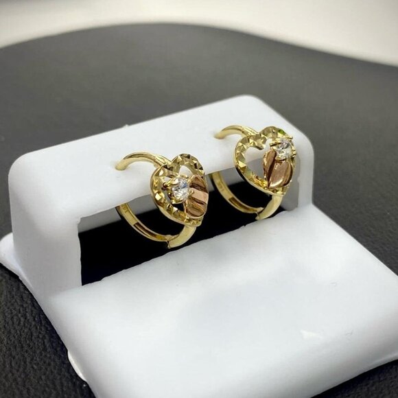 Heart CZ Two Tone Huggies Hoop Earrings for Womens Girls 14K Yellow Gold 11x11mm
